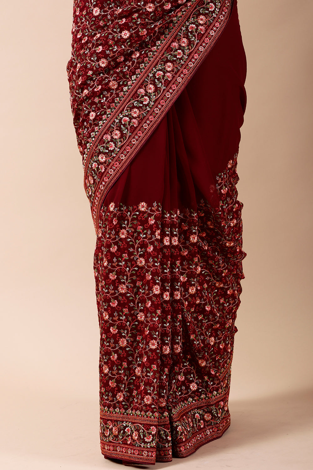 Drak Scarlet Color Embroidered Georgette Saree