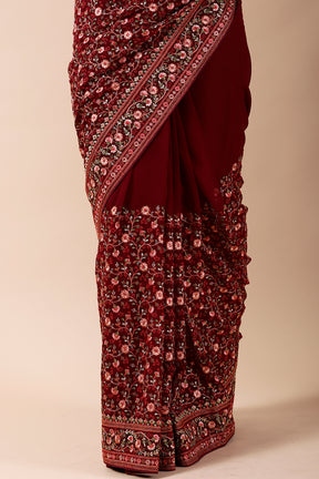 Drak Scarlet Color Embroidered Georgette Saree