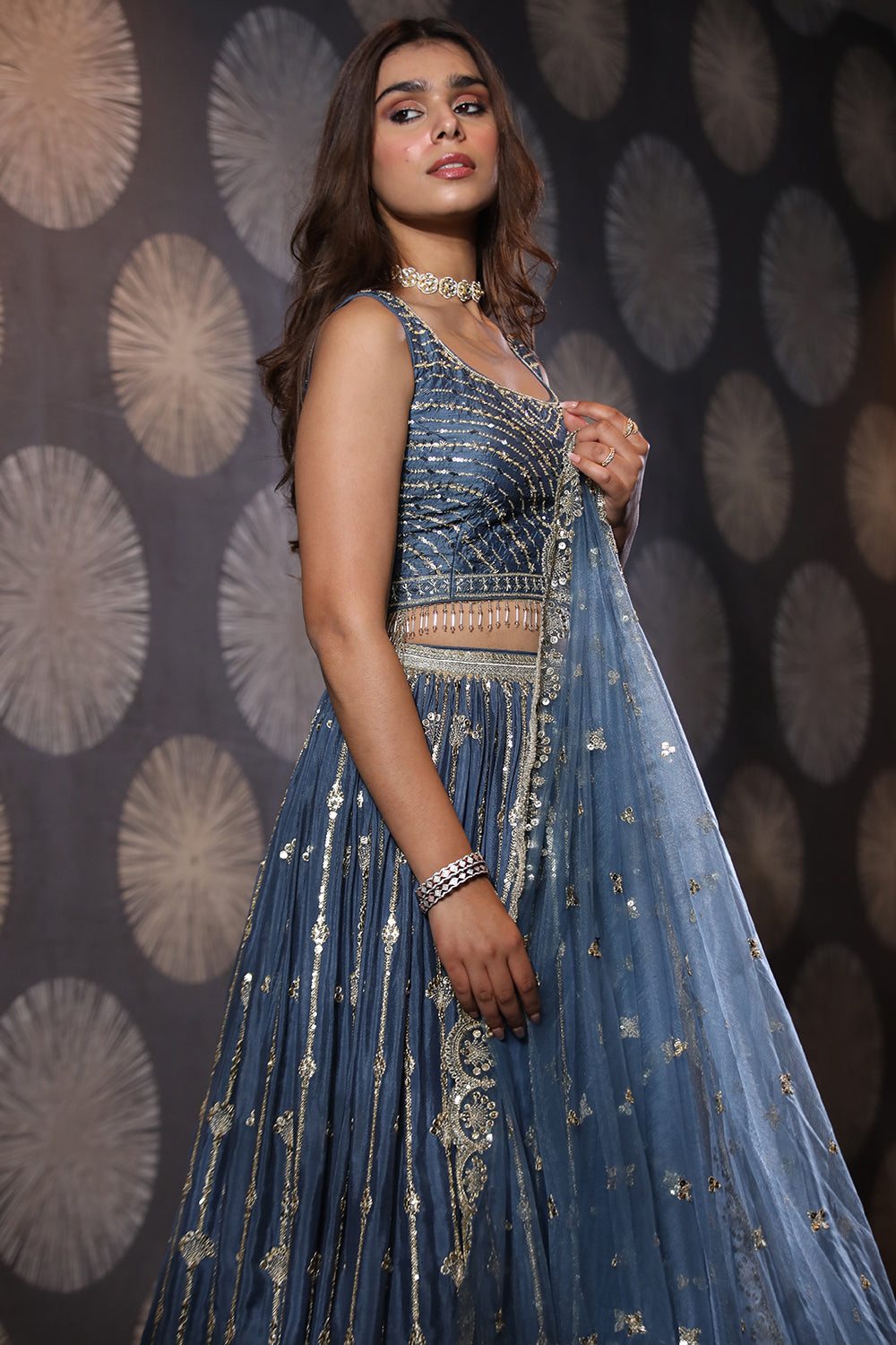 Blue Colour Chinon Silk Lehenga