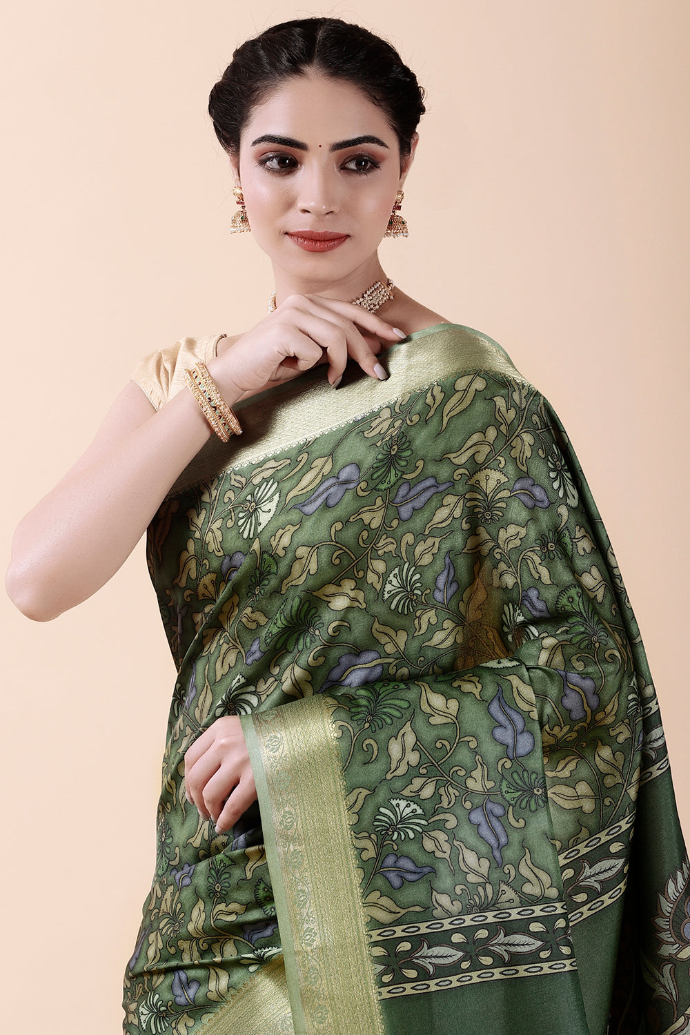 Green Color Digital Printed Tussar Silk Saree
