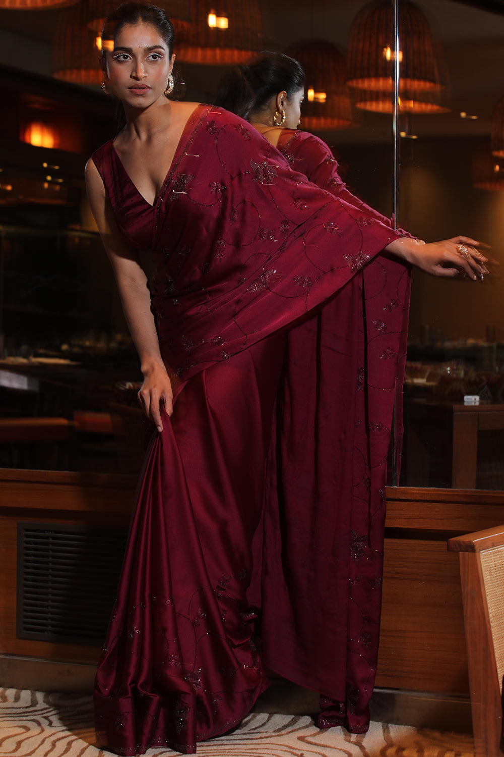 Dark Scarlet Color Satin Swarovski Work Saree