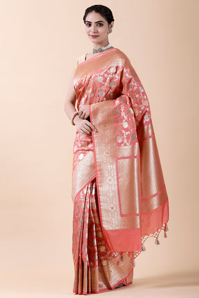 Coral Colour Woven Banarasi Silk Saree