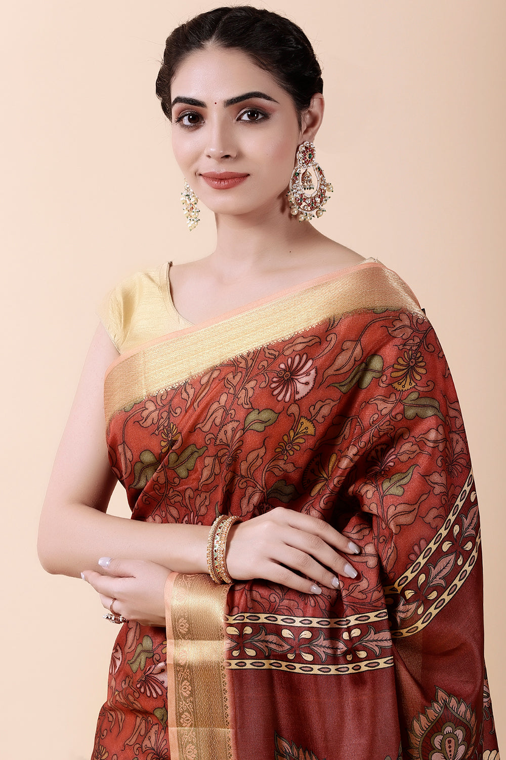 Rust Color Tussar Silk Digital Printed Saree