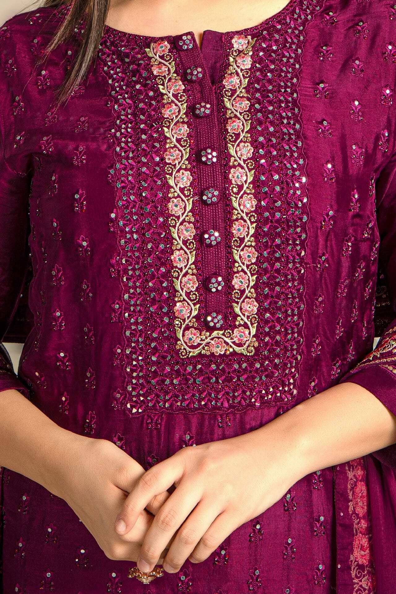 Dark Scarlet Colour Embroidered Silk Suit with Unstitched Salwar Fabric