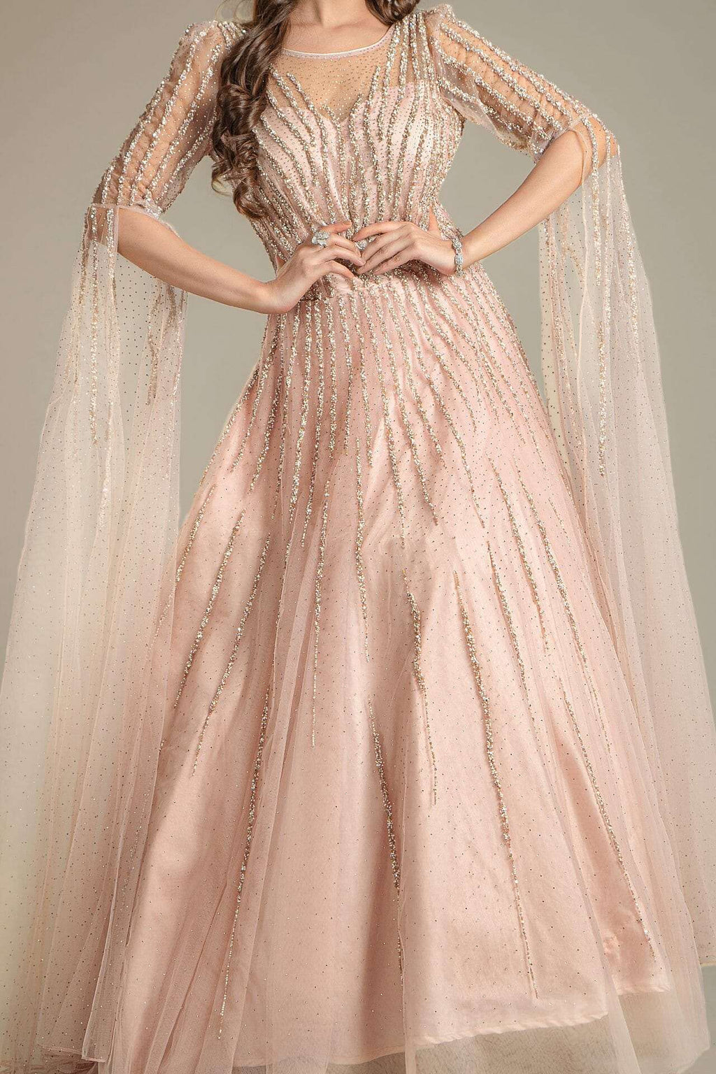 Baby Pink Flared Sleeves Net Gown