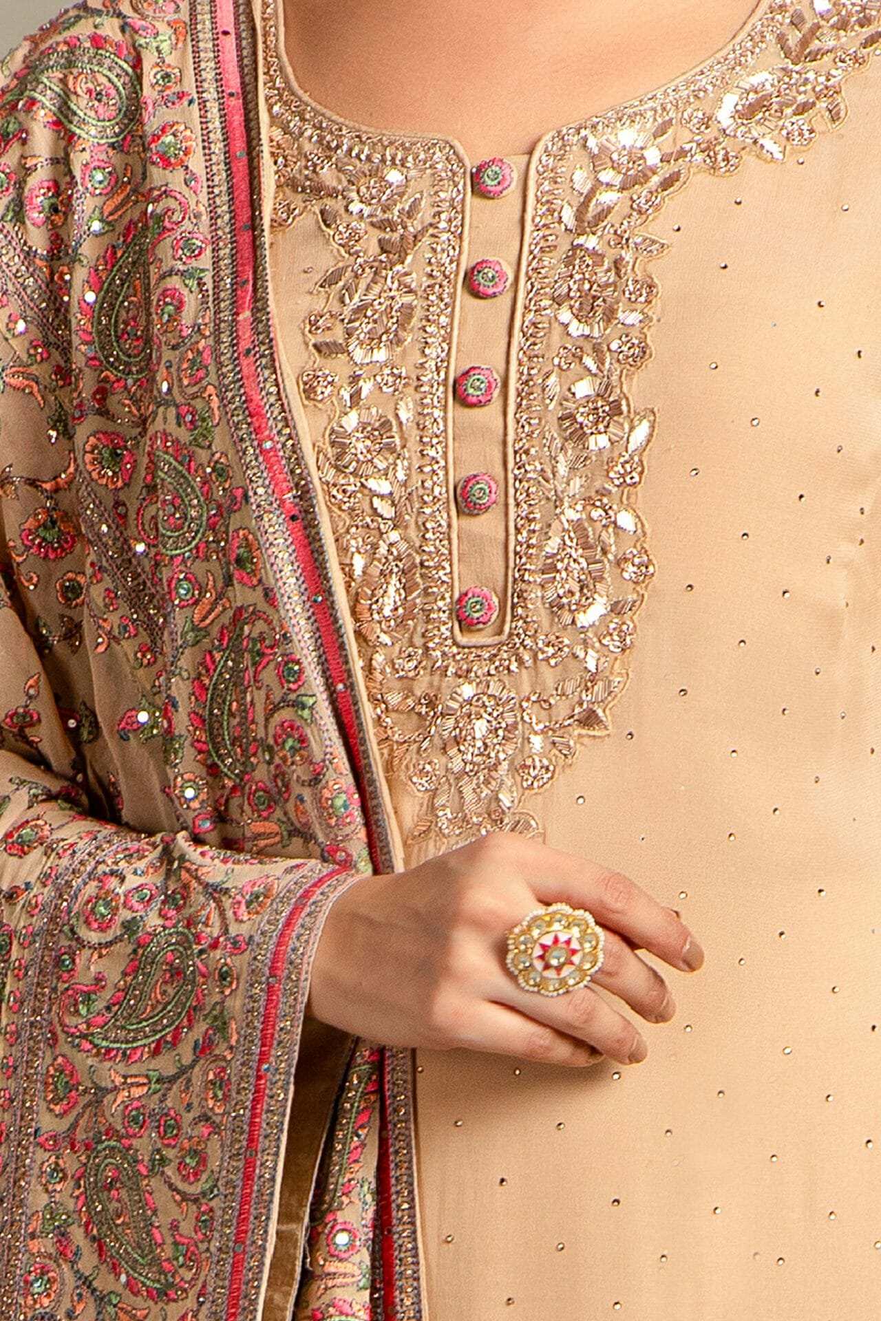 Beige Embroidered Georgette Suit