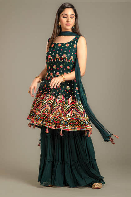 Bottle Green Georgette Peplum Gharara Suit.