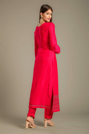 Cherry Red Embroidered Silk Suit With an Unstitched Salwar Fabric