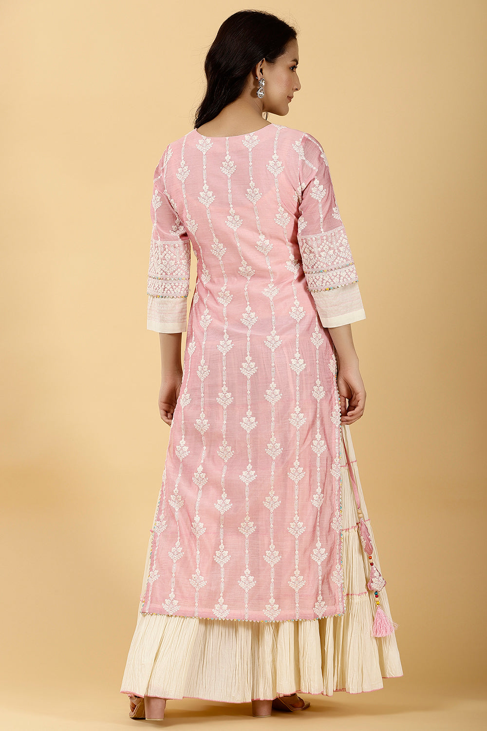 Pink Color Chanderi Embroidered Kurta With Attach Skirt