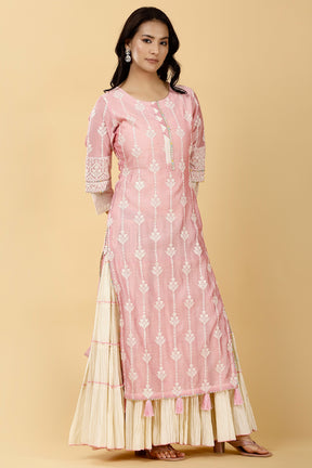 Pink Color Chanderi Embroidered Kurta With Attach Skirt