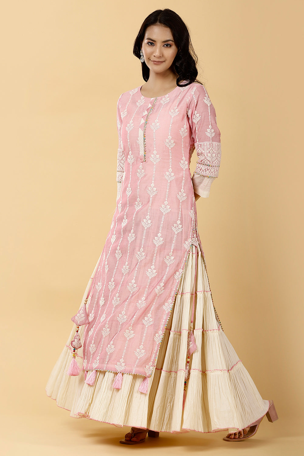 Pink Color Chanderi Embroidered Kurta With Attach Skirt
