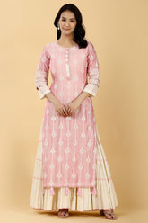 Pink Color Chanderi Embroidered Kurta With Attach Skirt
