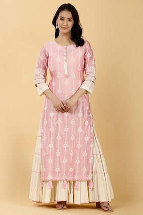 Pink Color Chanderi Embroidered Kurta With Attach Skirt