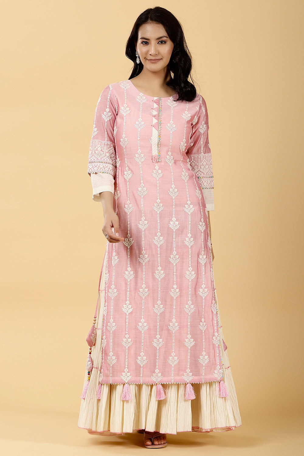 Pink Color Chanderi Embroidered Kurta With Attach Skirt