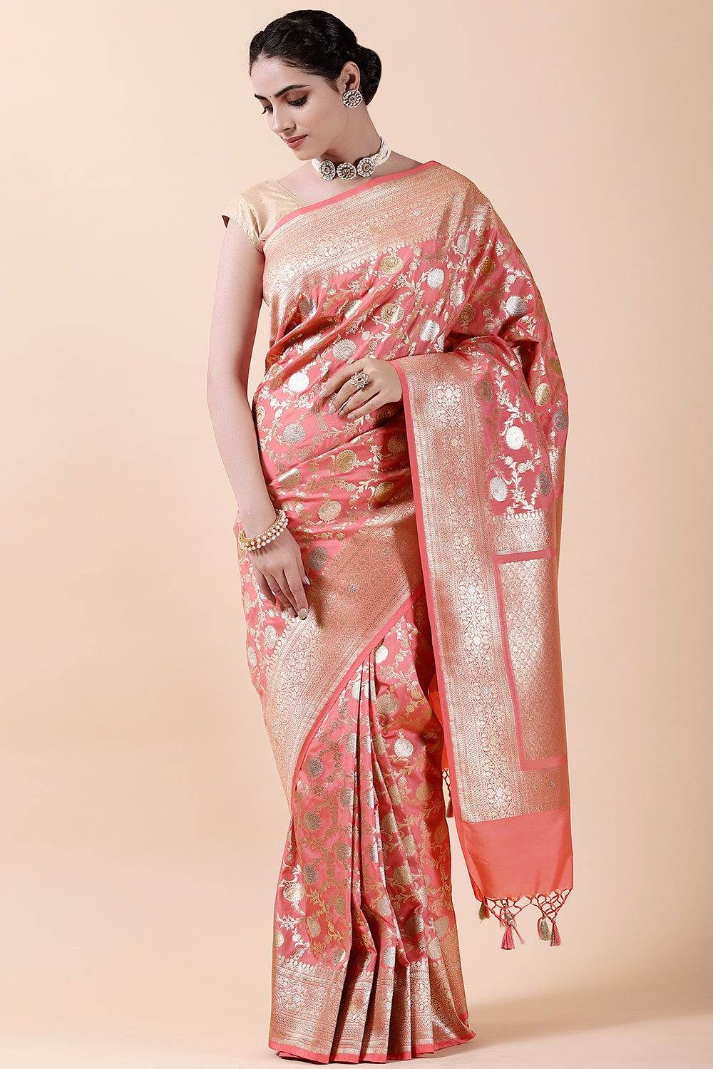 Coral Colour Woven Banarasi Silk Saree