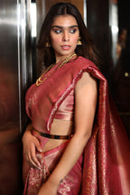 Coral Pink Color Weaving Silk Saree.