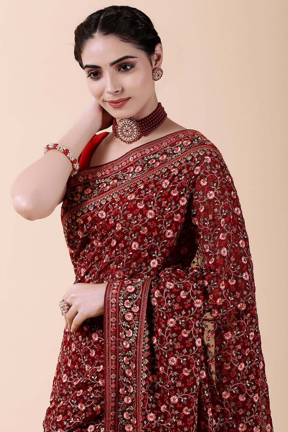 Drak Scarlet Color Embroidered Georgette Saree