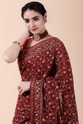 Drak Scarlet Color Embroidered Georgette Saree