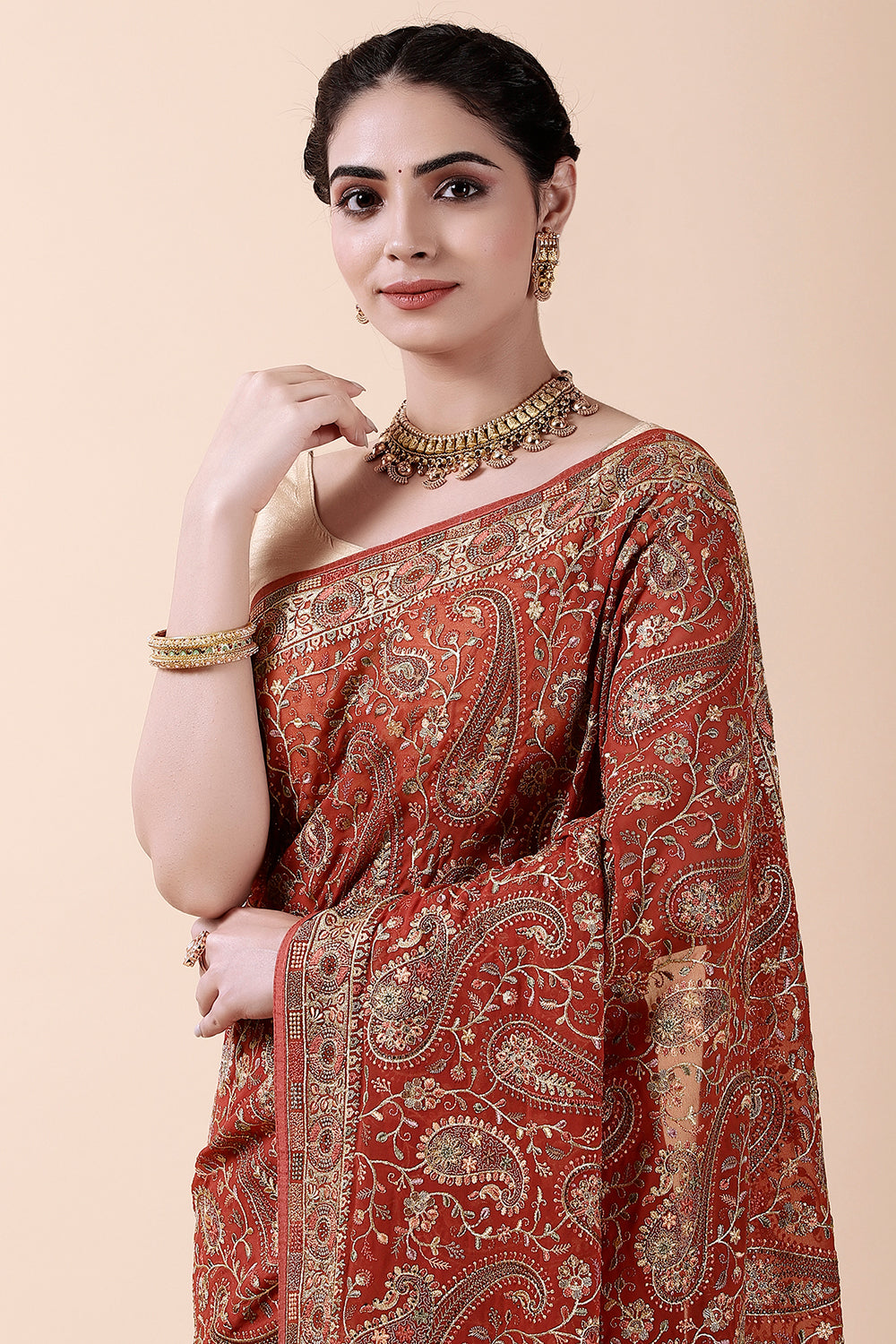 Rust Color Embroidered Saree