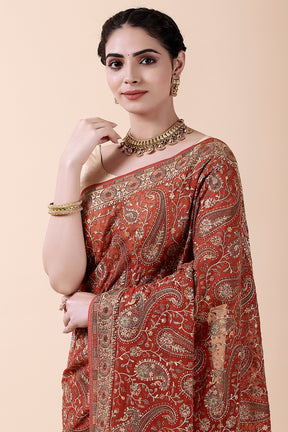 Rust Color Embroidered Saree