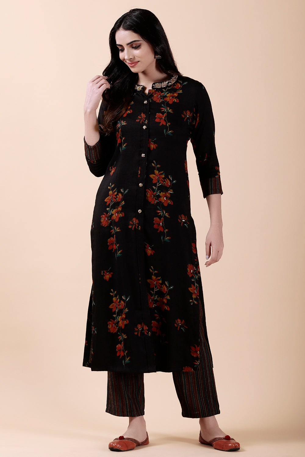 Black Color Cotton Printed Kurti & Pant Set