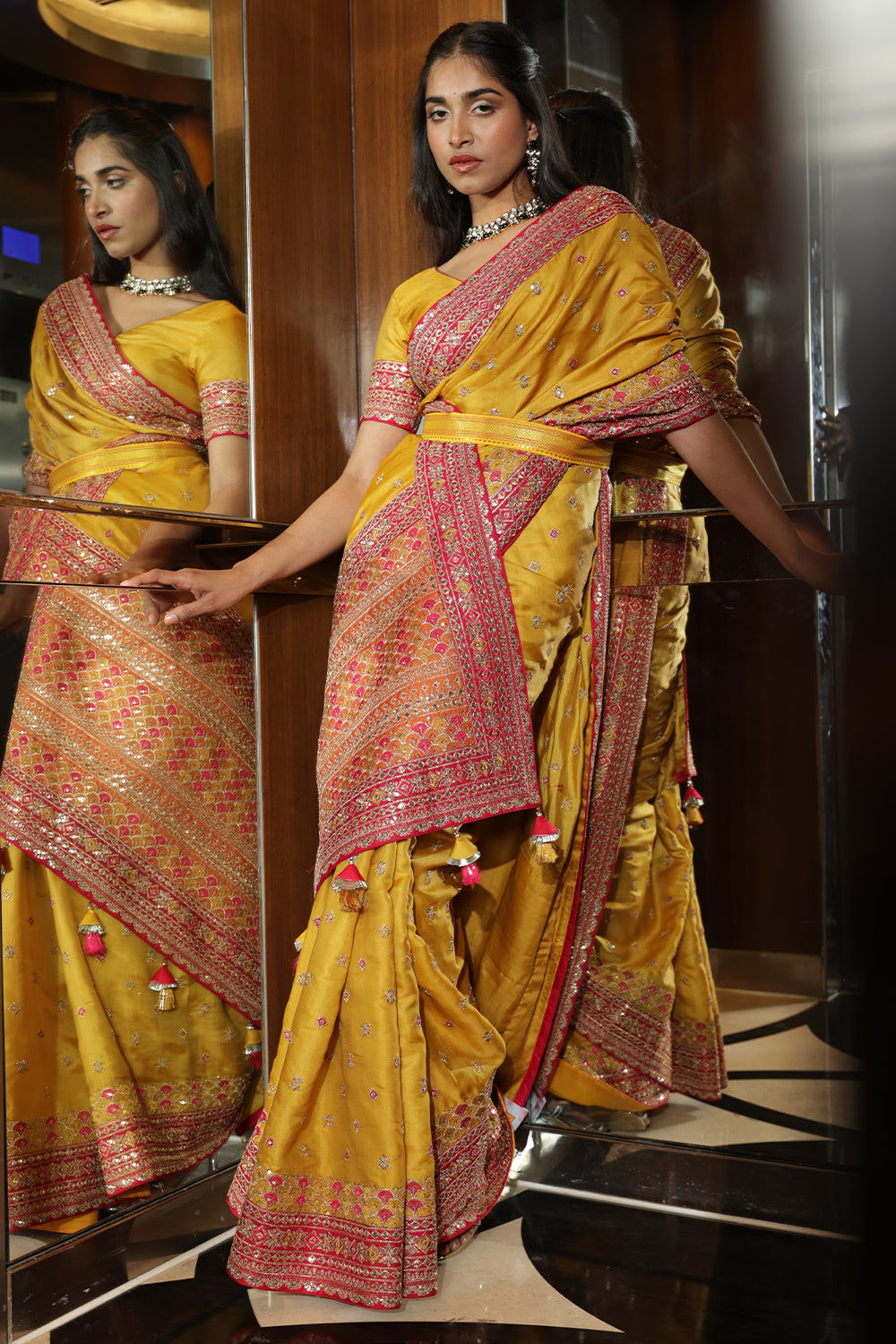 Mustard Colour Embroidery Silk Saree