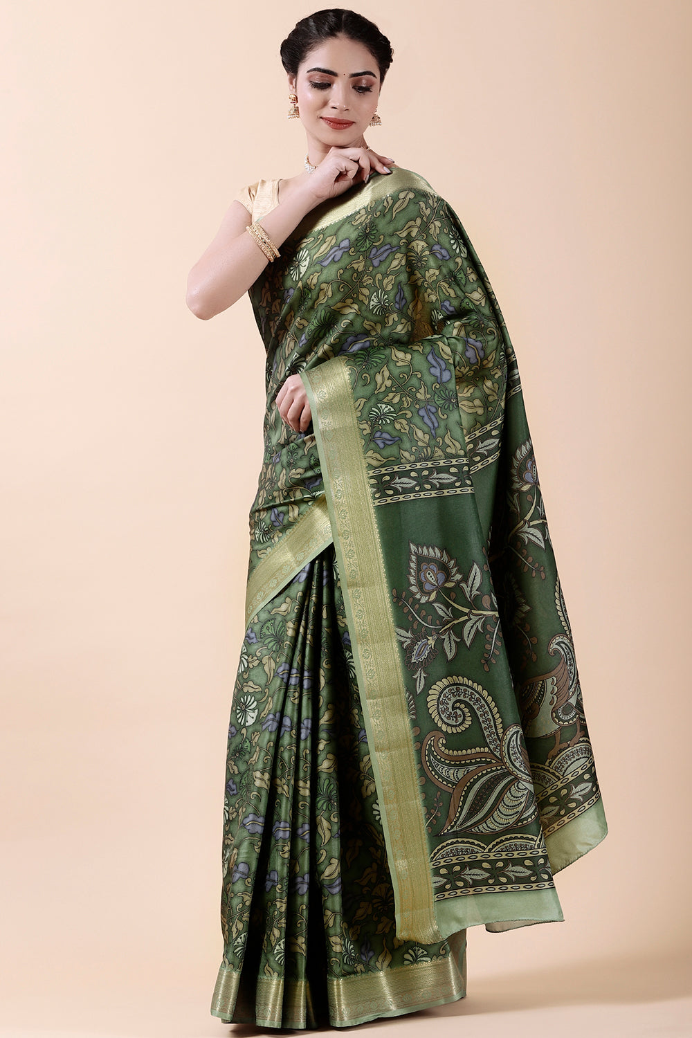Green Color Digital Printed Tussar Silk Saree