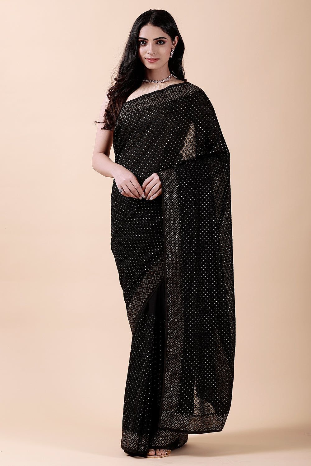 Black Color Georgette Embroidered Saree