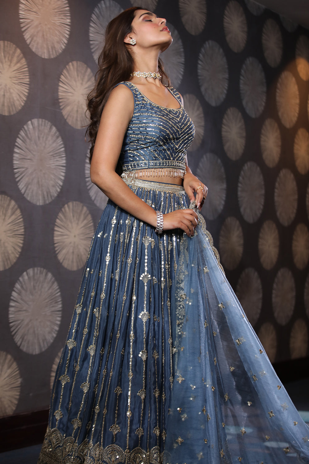 Blue Colour Chinon Silk Lehenga