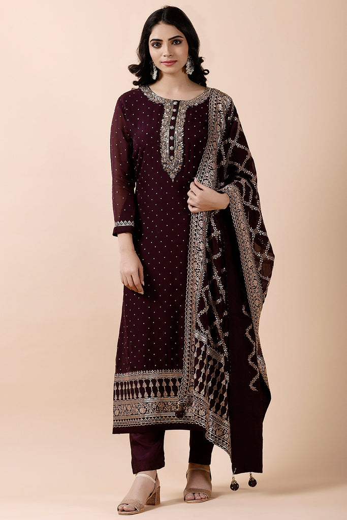 Dark Scarlet Color Organza Embroidered Suit
