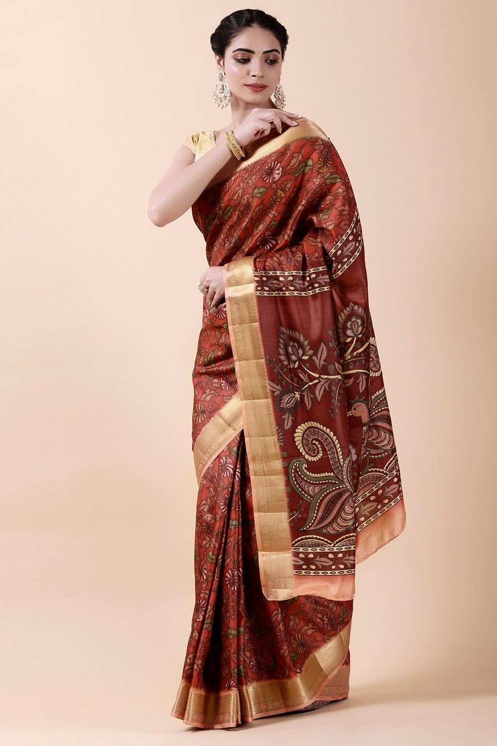 Rust Color Tussar Silk Digital Printed Saree