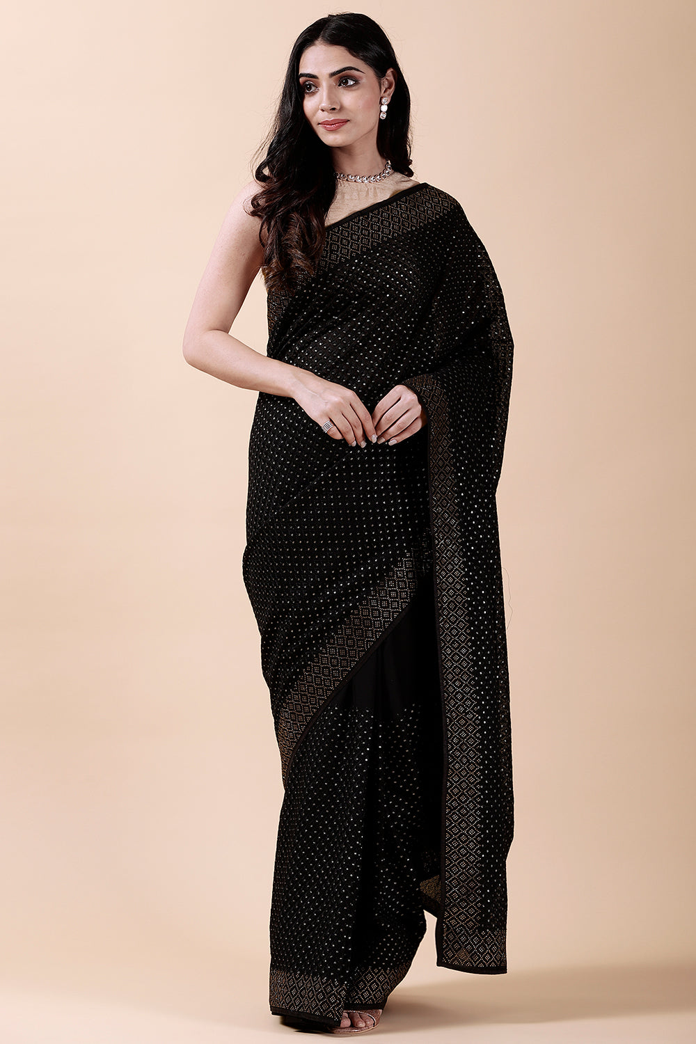 Black Color Georgette Embroidered Saree