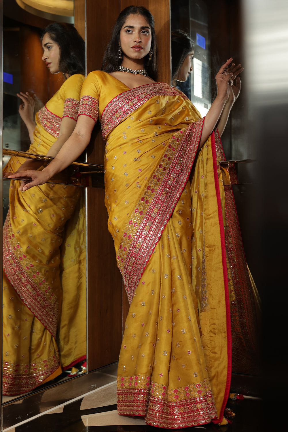 Mustard Colour Embroidery Silk Saree