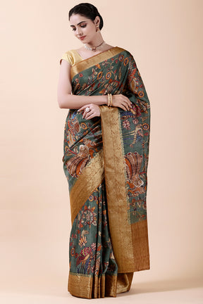 Teal Colour Printed Silk Saree