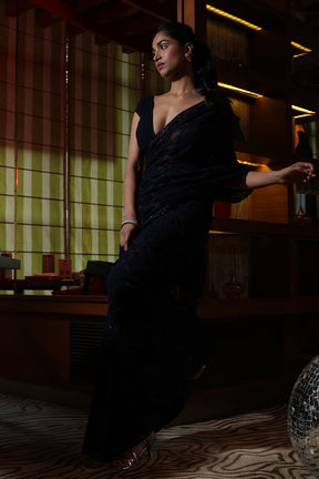Navy Blue Color Georgette Embroidered Saree