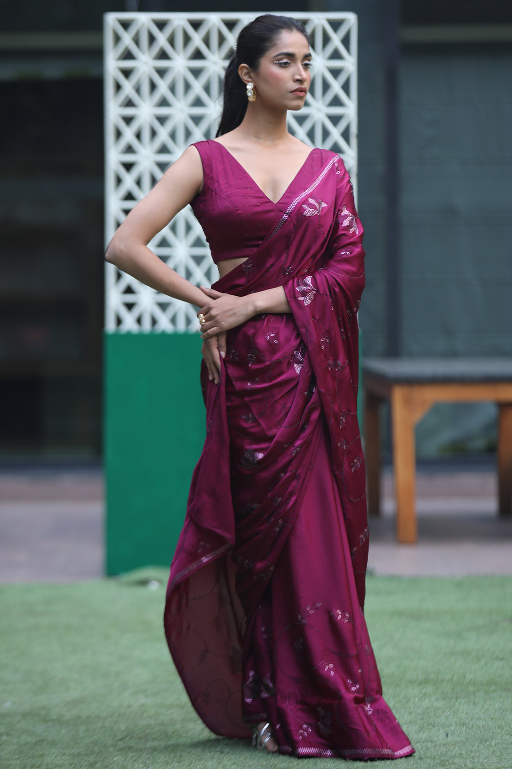 Dark Scarlet Color Satin Swarovski Work Saree