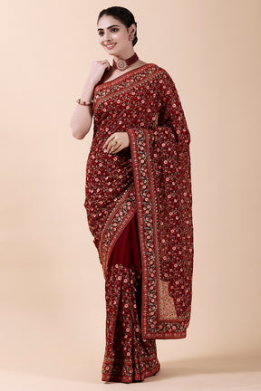 Drak Scarlet Color Embroidered Georgette Saree
