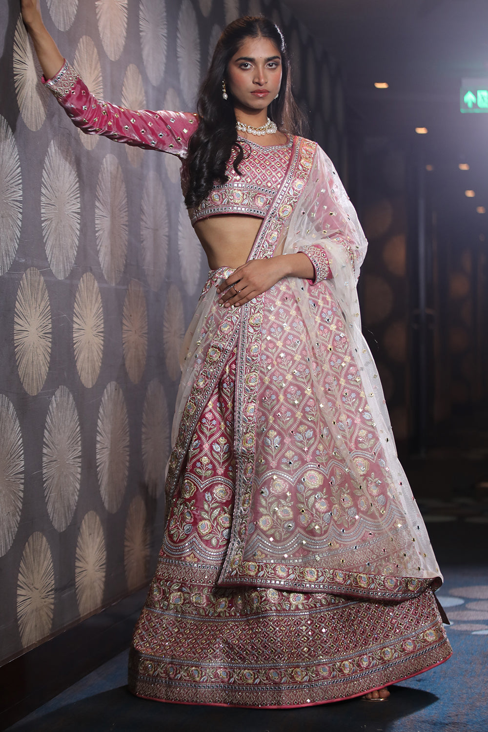 Fuchsia Pink Organza Embroidery Unstitched Lehenga