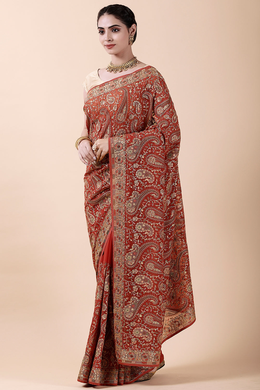 Rust Color Embroidered Saree