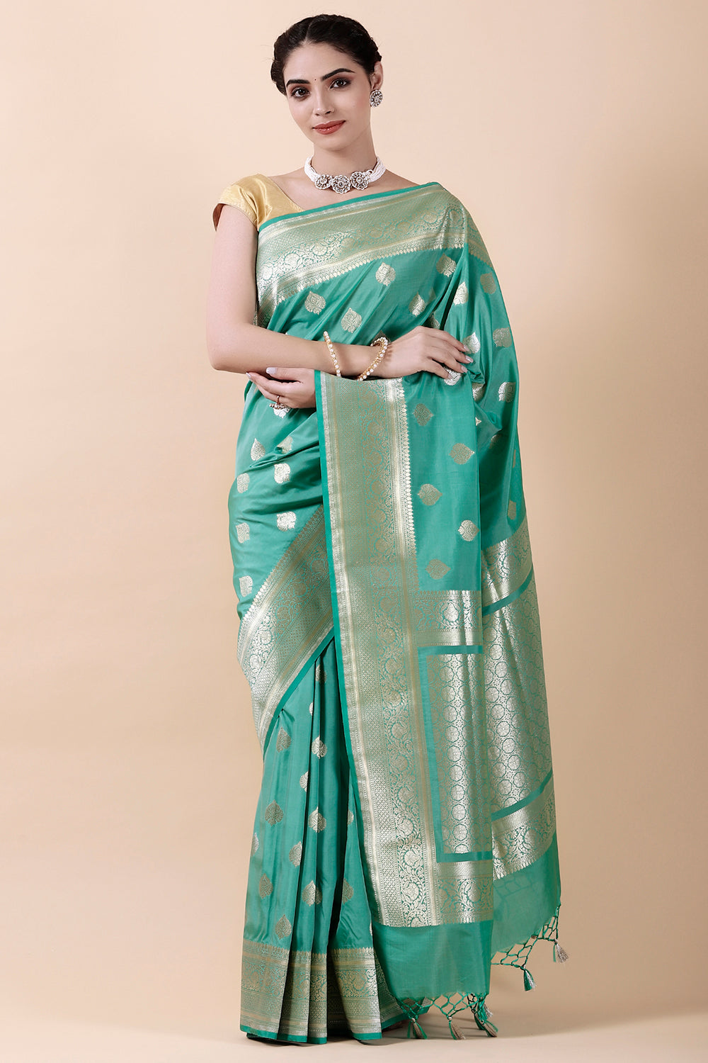 Teal Colour Banarsi Silk Weaving Saree.