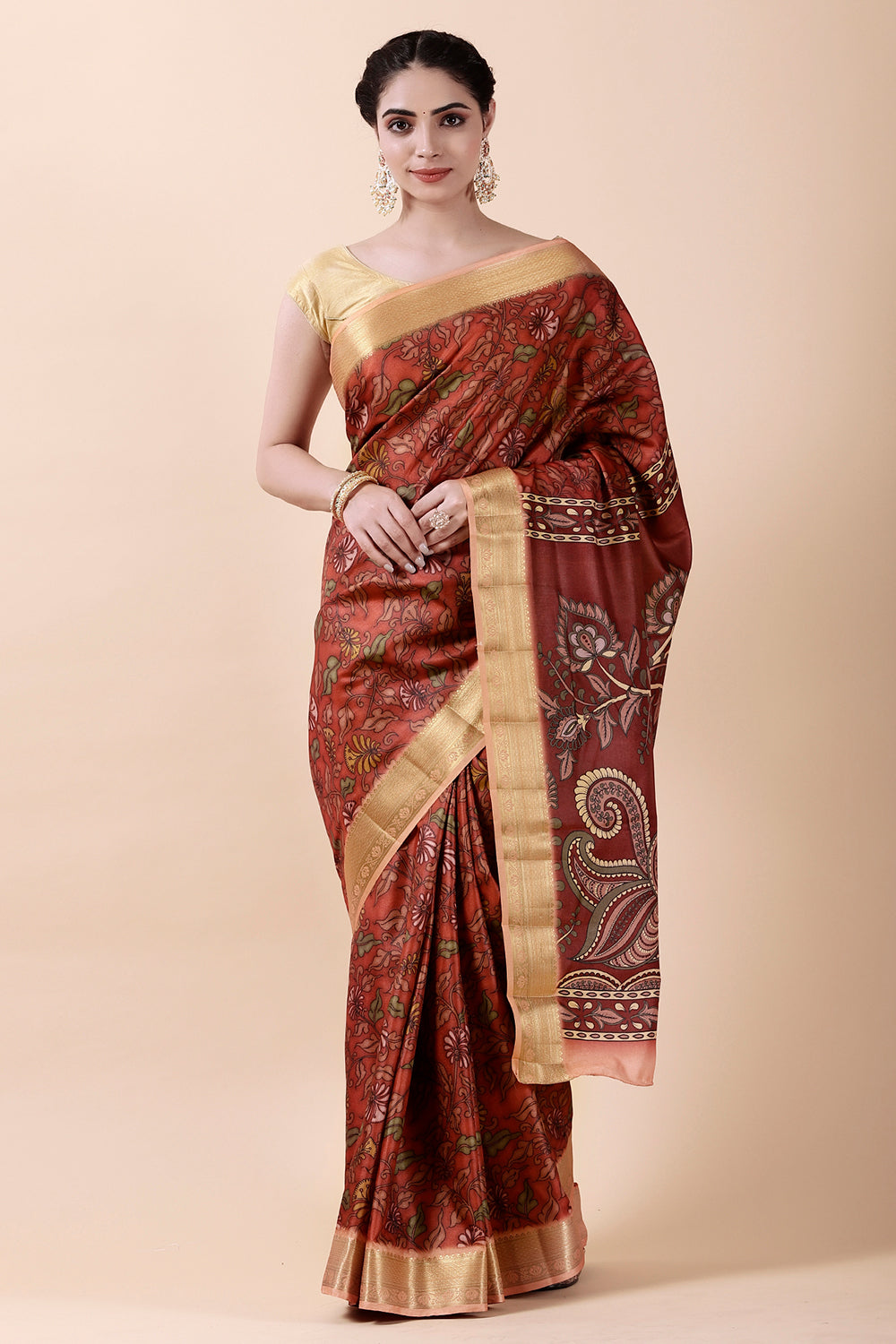 Rust Color Tussar Silk Digital Printed Saree