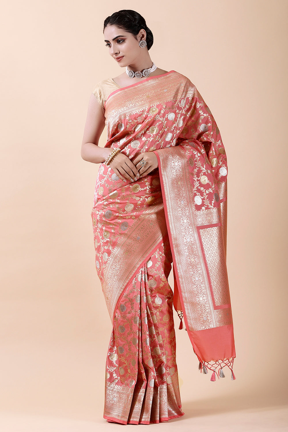 Coral Colour Woven Banarasi Silk Saree