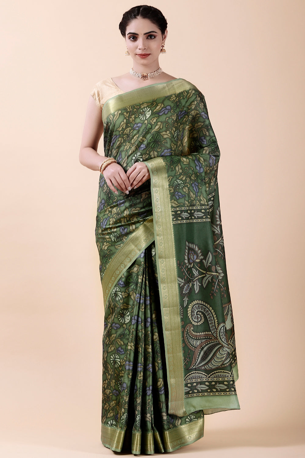 Green Color Digital Printed Tussar Silk Saree