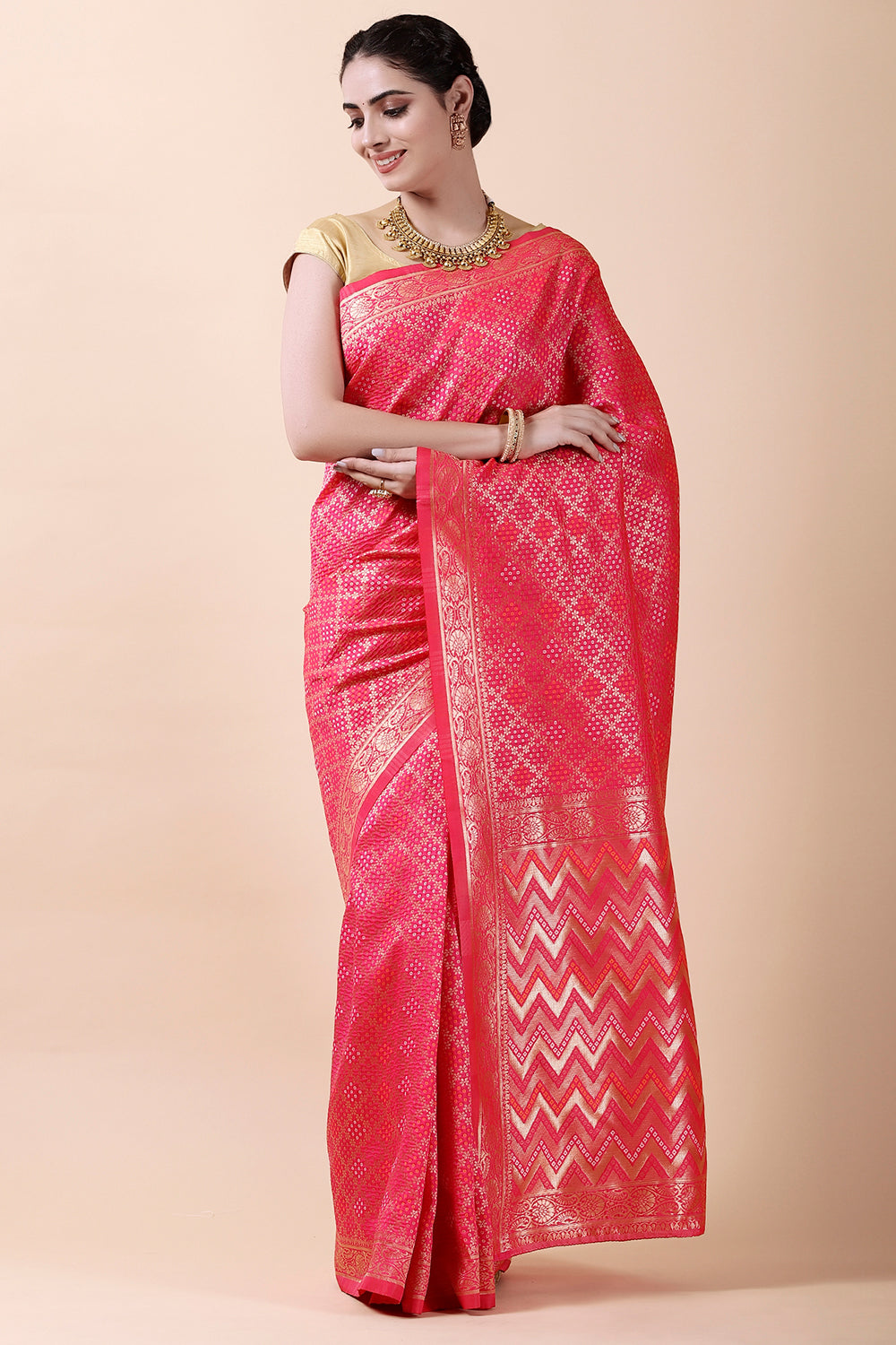 Fuchsia Pink Color Woven Cotton Saree.