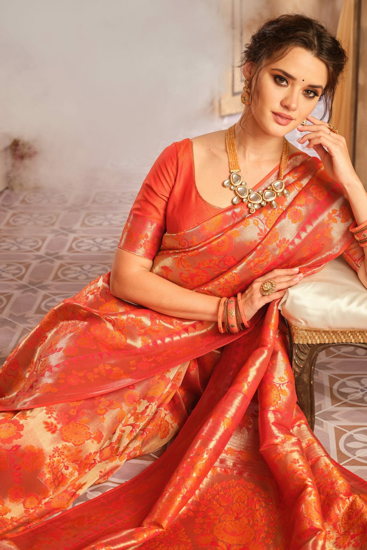 Pinkish Orange Kanchipuram Silk Saree – Sil-Kan-Chic