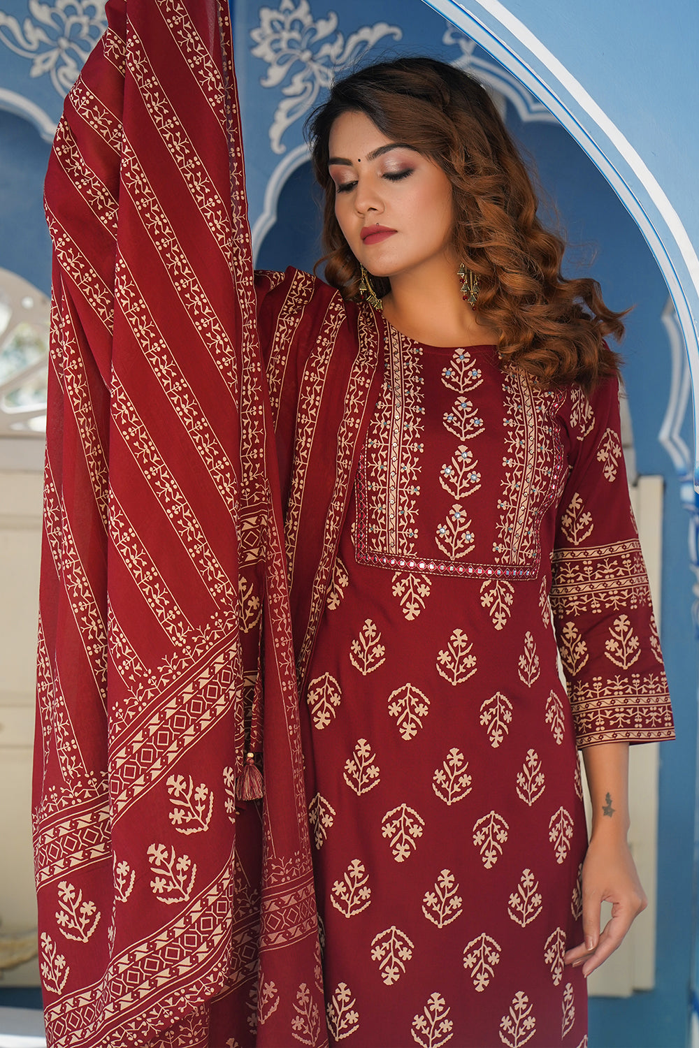 Maroon Colour Cotton Printed Suit