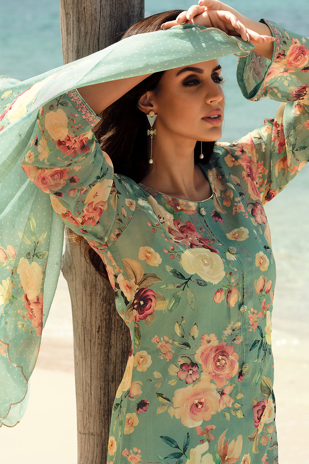 Sea Green Color Organza Digital Print Unstitched Suit Material