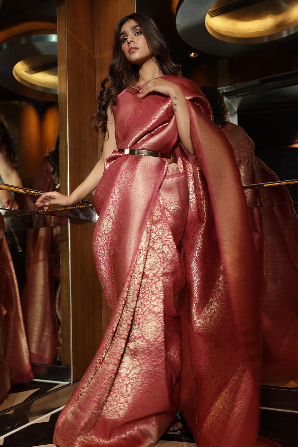 Coral Pink Color Weaving Silk Saree.
