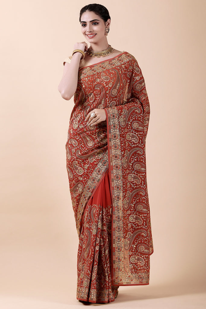 Rust Color Embroidered Saree