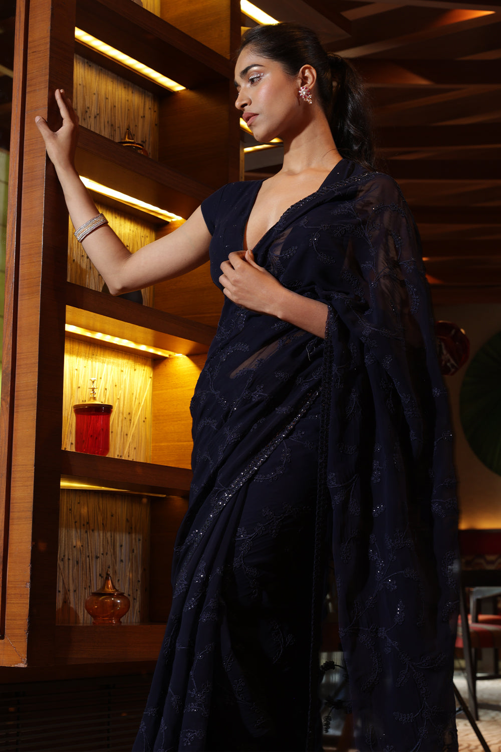 Navy Blue Color Georgette Embroidered Saree